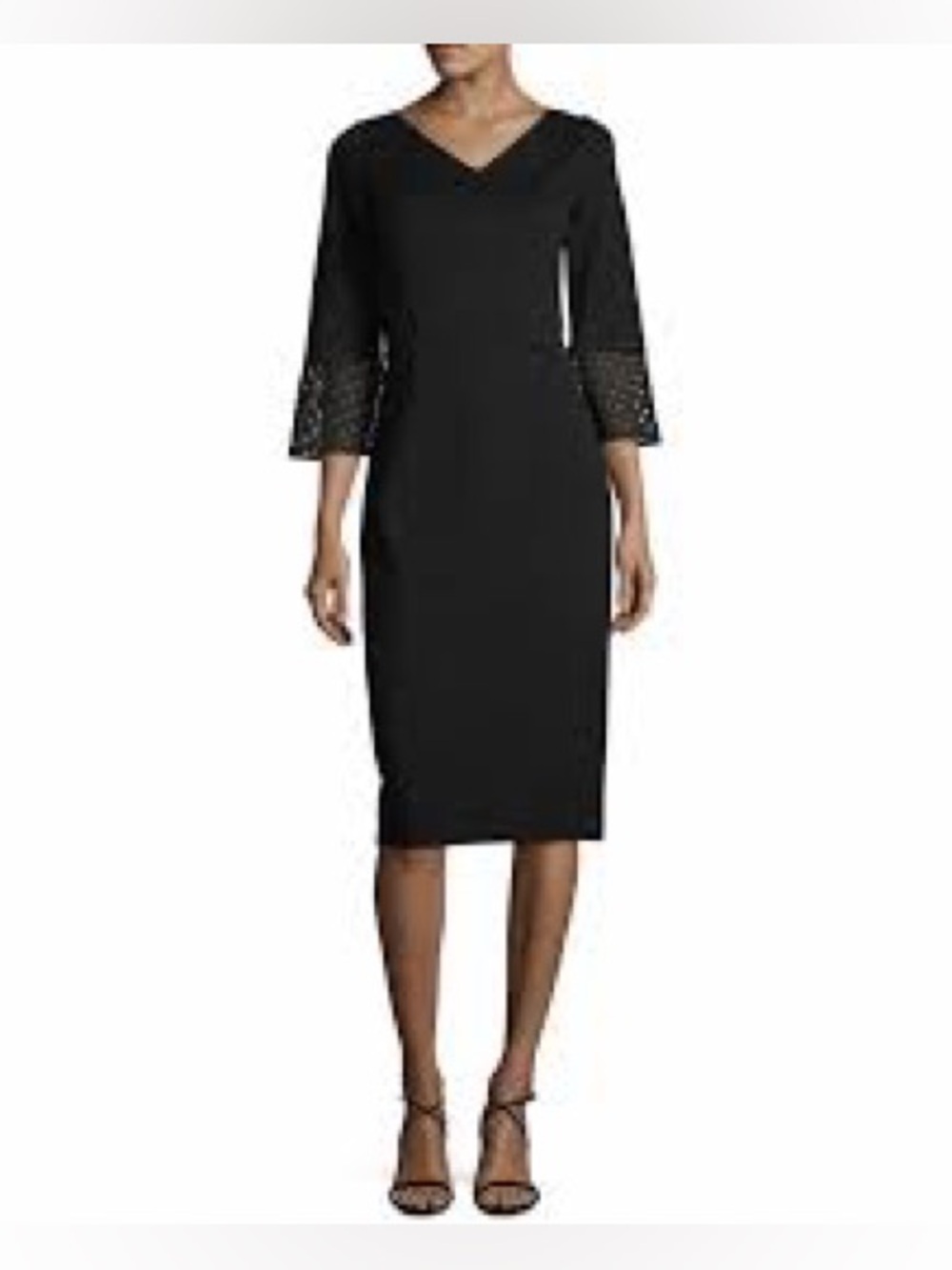 Lafayette 148 New York Black V-Neck Midi Dress with Crochet Bell Sleeves